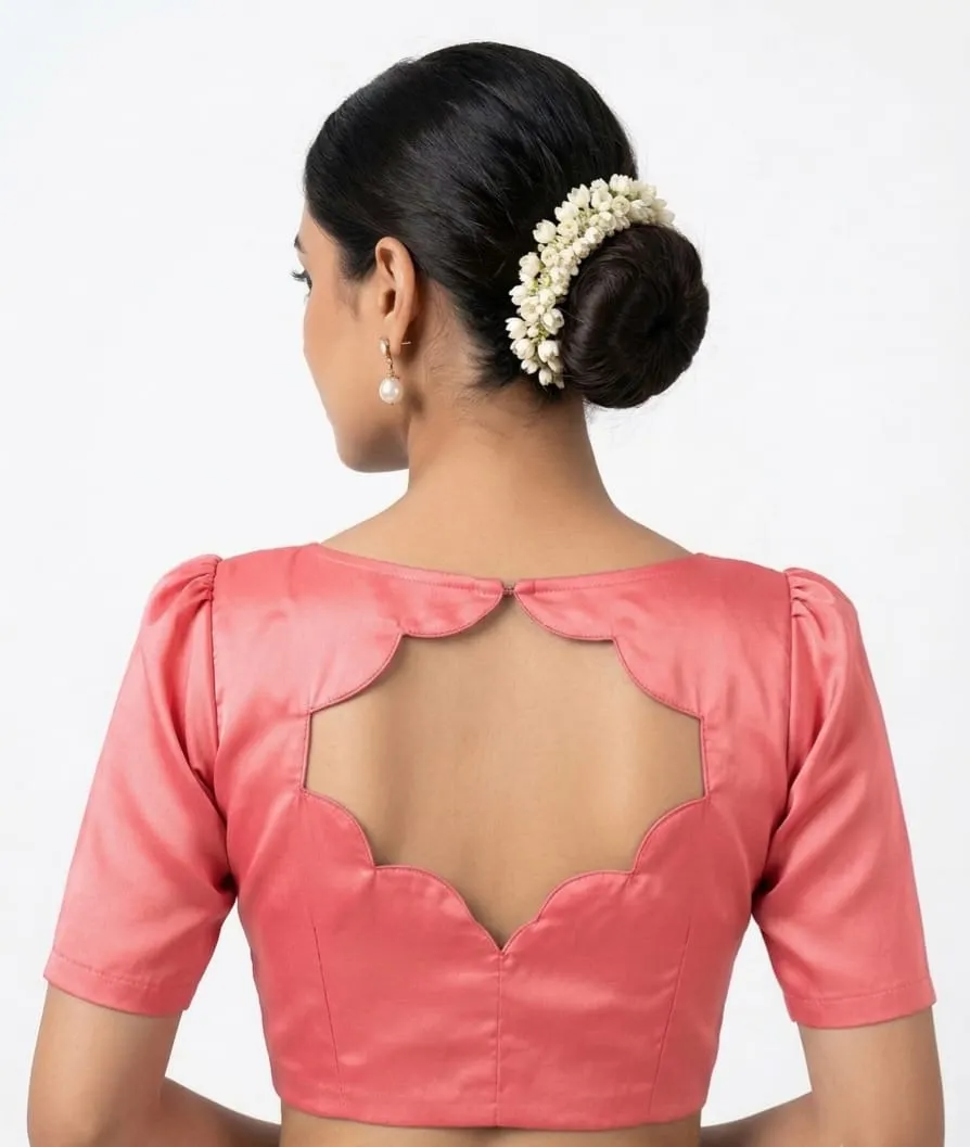 Designer Scalloped Back Neck Blouse | Solid Raw Silk Puff Sleeve Saree Blouse Online - Image 2