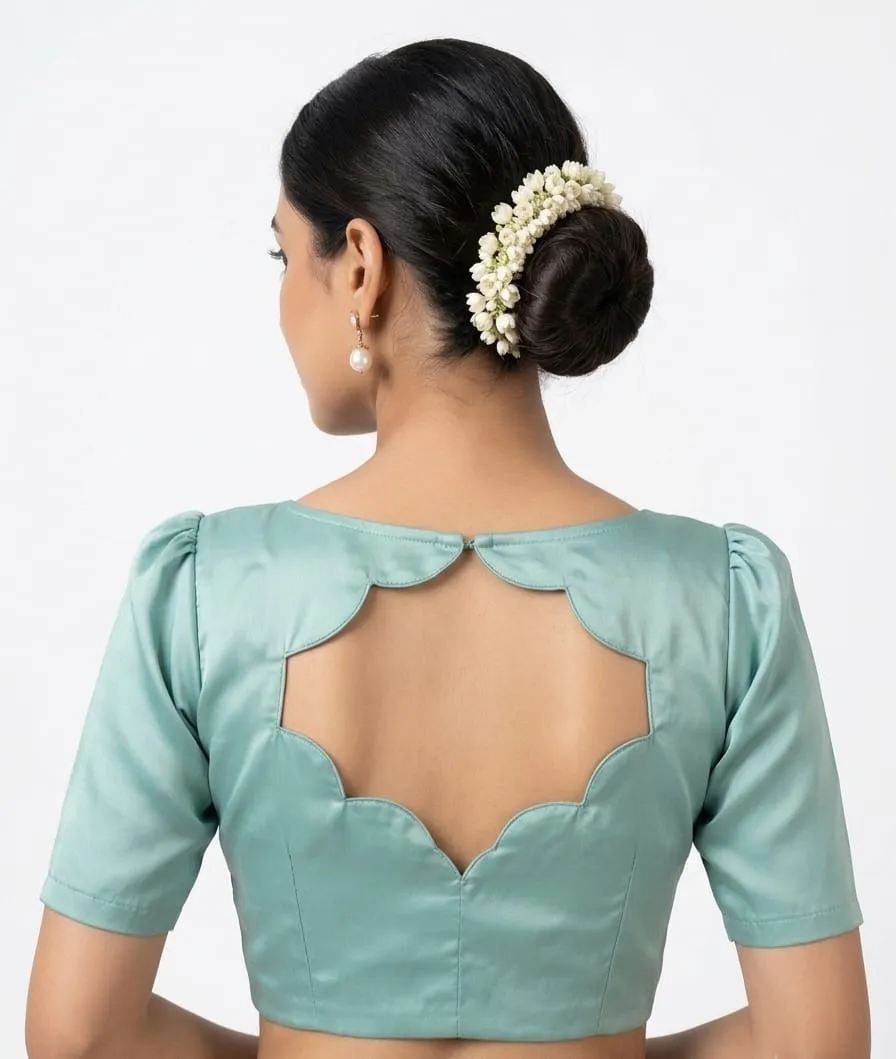 Designer Scalloped Back Neck Blouse | Solid Raw Silk Puff Sleeve Saree Blouse Online - Image 3