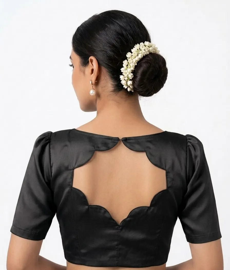 Designer Scalloped Back Neck Blouse | Solid Raw Silk Puff Sleeve Saree Blouse Online - Image 4