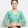 Designer V-Neck Saree Blouse for Women | Ready-Made Party Wear Blouse with Layered Sheer Ruffle Sleeves