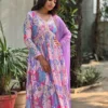 Digital Floral Muslin Alia Cut Kurta Set with Chiffon Dupatta & Pant – 3-Piece Festive Party Wear