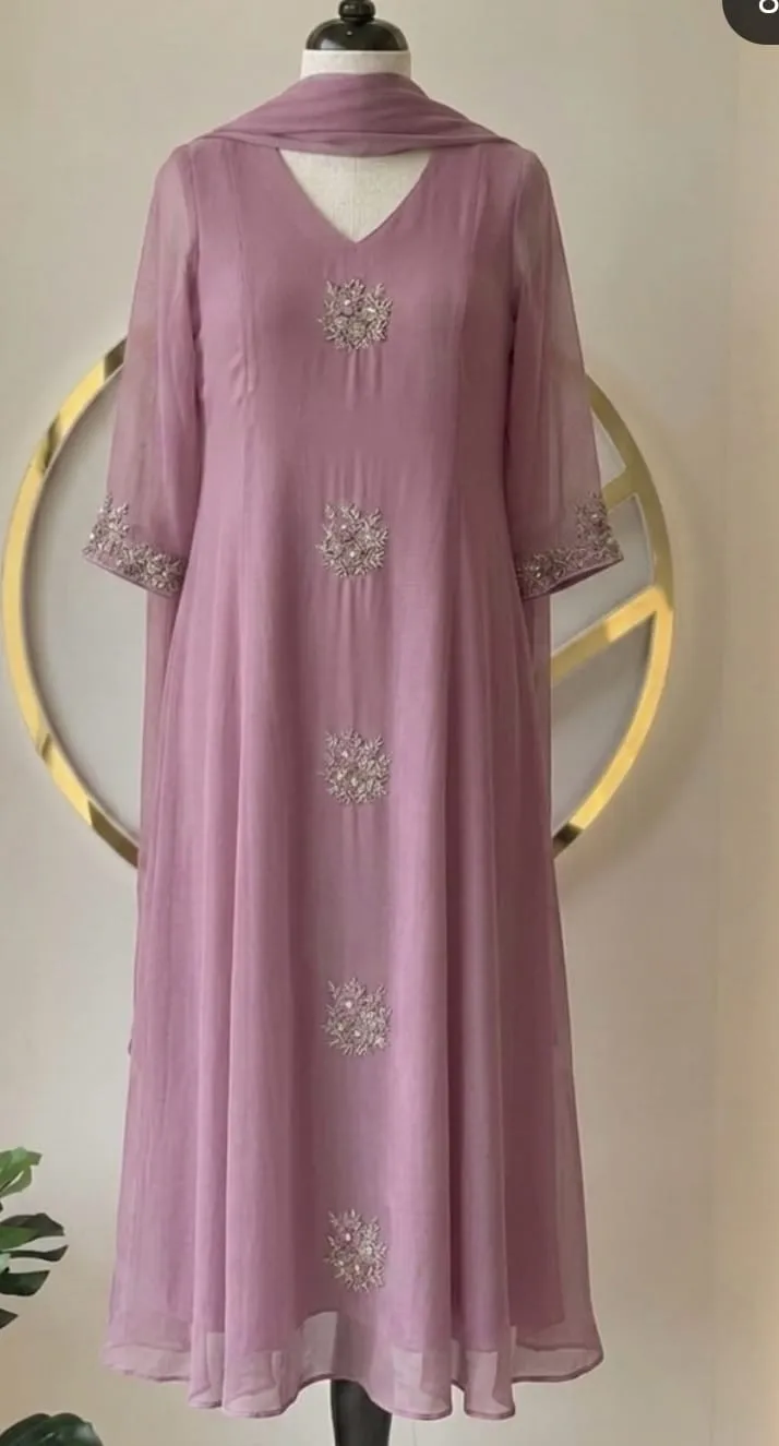 Dusty Mauve Lavender Chiffon A-Line Anarkali Kurta Set with Hand Embroidered Motifs & Dupatta – Wedding Guest & Festive Wear
