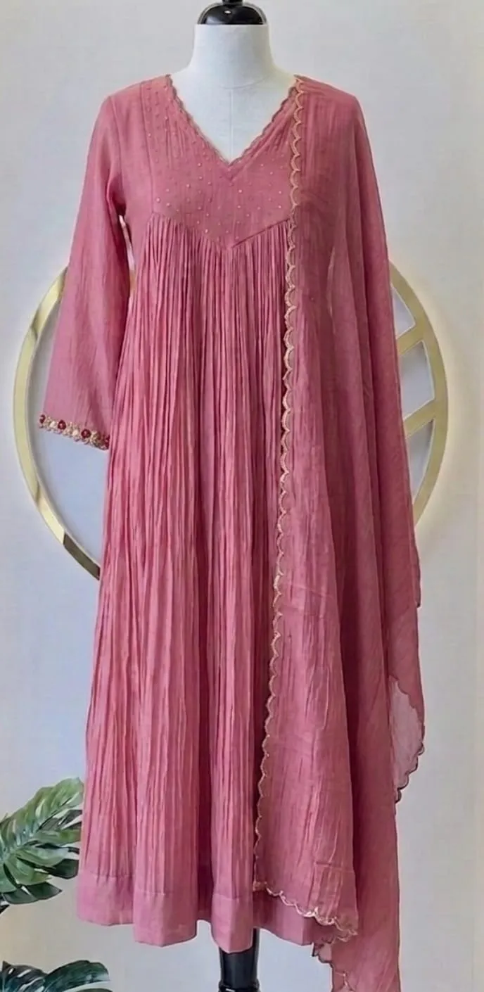 Dusty Rose Crinkled Silk Anarkali Suit Set with Scallop Dupatta | Handcrafted Festive Kurta Set