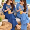 Embroidered Denim Kurti with Semi Palazzo Pant Set with Pocket | Women's Soft Denim Co-ord Set (Sizes 40–46)