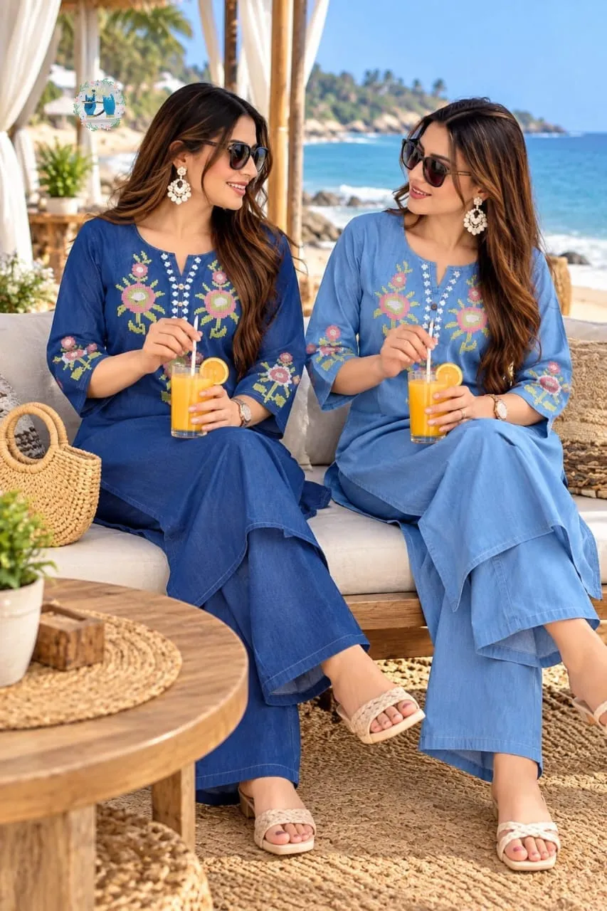 Embroidered Denim Kurti with Semi Palazzo Pant Set with Pocket | Women's Soft Denim Co-ord Set (Sizes 40–46)