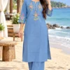 Embroidered Denim Kurti with Semi Palazzo Pant Set with Pocket | Women's Soft Denim Co-ord Set (Sizes 40–46) - Image 3
