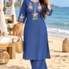 Embroidered Denim Kurti with Semi Palazzo Pant Set with Pocket | Women's Soft Denim Co-ord Set (Sizes 40–46) - Image 4