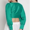 Emerald Green Silk Saree Blouse with Long Bishop Sleeves | Square Neck Front Button Designer Crop Top Choli - Image 2