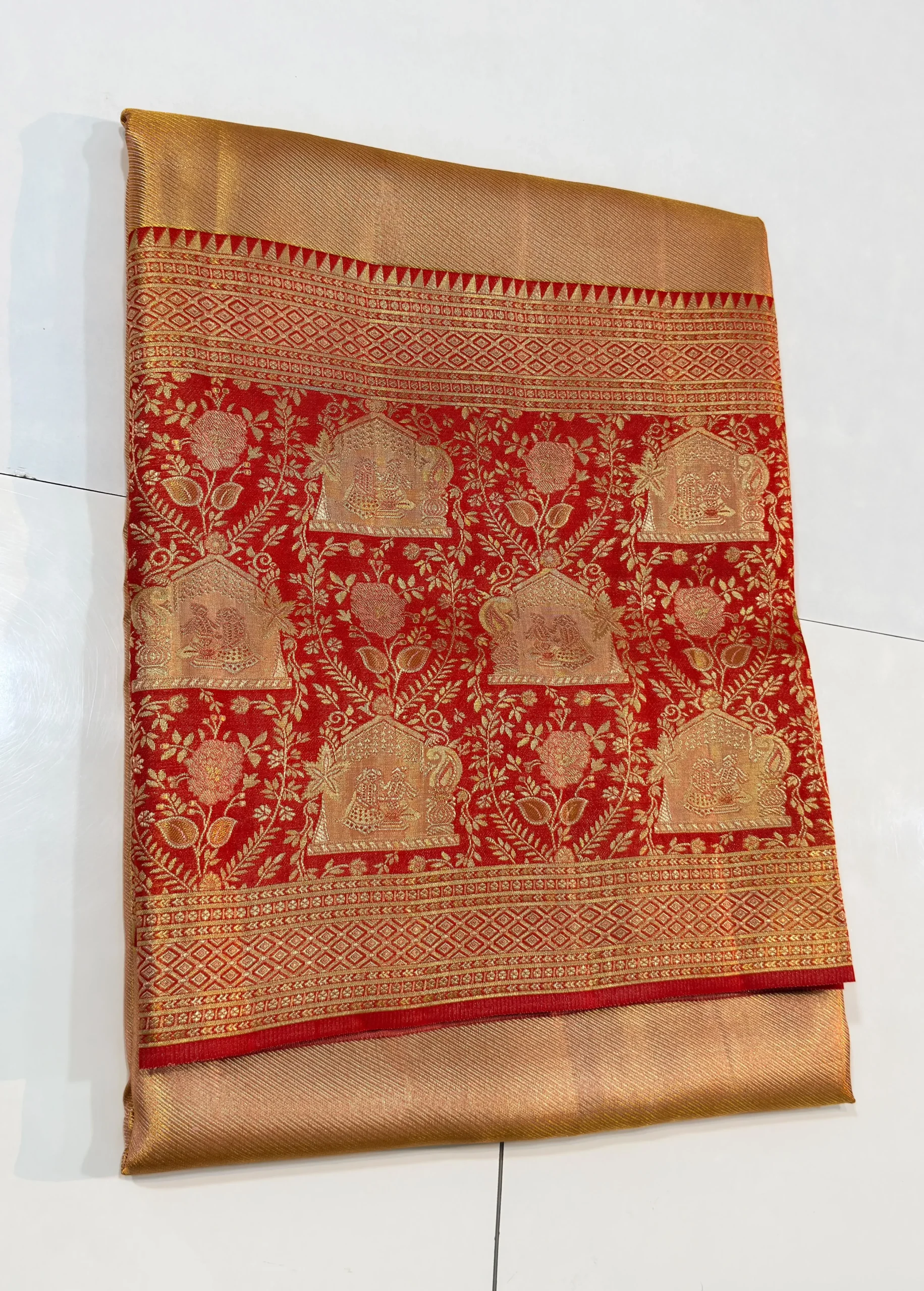Exclusive Tissue Gold & Bridal Red Handloom Silk Saree | Heavy Weave Pattu Saree with Wedding Procession Border