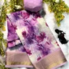Floral Digital Printed Dull Moss Silk Saree – Woven Gold Zari Striped Border Lightweight Daily Wear Uniform Saree - Image 3