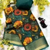 Floral Digital Printed Dull Moss Silk Saree – Woven Gold Zari Striped Border Lightweight Daily Wear Uniform Saree - Image 4