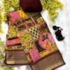 Floral Digital Printed Dull Moss Silk Saree – Woven Gold Zari Striped Border Lightweight Daily Wear Uniform Saree - Image 5