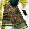 Floral Digital Printed Dull Moss Silk Saree – Woven Gold Zari Striped Border Lightweight Daily Wear Uniform Saree - Image 7
