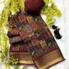 Floral Digital Printed Dull Moss Silk Saree – Woven Gold Zari Striped Border Lightweight Daily Wear Uniform Saree - Image 8