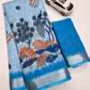 Floral Digital Printed Soft Linen Saree | Silver Temple Zari Border & Blouse - Image 10