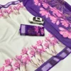 Floral Digital Printed Soft Linen Saree | Silver Temple Zari Border & Blouse - Image 11