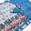 Floral Digital Printed Soft Linen Saree | Silver Temple Zari Border & Blouse - Image 12