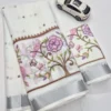 Floral Digital Printed Soft Linen Saree | Silver Temple Zari Border & Blouse - Image 13
