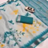 Floral Digital Printed Soft Linen Saree | Silver Temple Zari Border & Blouse - Image 14