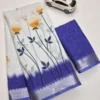 Floral Digital Printed Soft Linen Saree | Silver Temple Zari Border & Blouse - Image 15