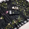 Floral Digital Printed Soft Linen Saree | Silver Temple Zari Border & Blouse - Image 17