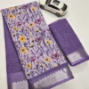 Floral Digital Printed Soft Linen Saree | Silver Temple Zari Border & Blouse - Image 19