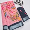 Floral Digital Printed Soft Linen Saree | Silver Temple Zari Border & Blouse - Image 3