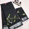 Floral Digital Printed Soft Linen Saree | Silver Temple Zari Border & Blouse - Image 4