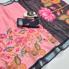 Floral Digital Printed Soft Linen Saree | Silver Temple Zari Border & Blouse - Image 5