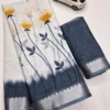 Floral Digital Printed Soft Linen Saree | Silver Temple Zari Border & Blouse - Image 6