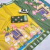 Floral Digital Printed Soft Linen Saree | Silver Temple Zari Border & Blouse - Image 8