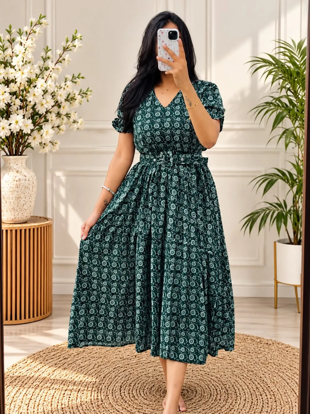 Floral Georgette Belted Dress for Women | V-Neck Tiered Summer Dress | Free Shipping
