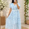 Floral Georgette Belted Dress for Women | V-Neck Tiered Summer Dress | Free Shipping - Image 2