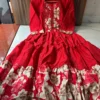 Floral Tiered Silk Midi Dress with Real Mirror Work Yoke & 4-Meter Flare (Sizes M–2XL)