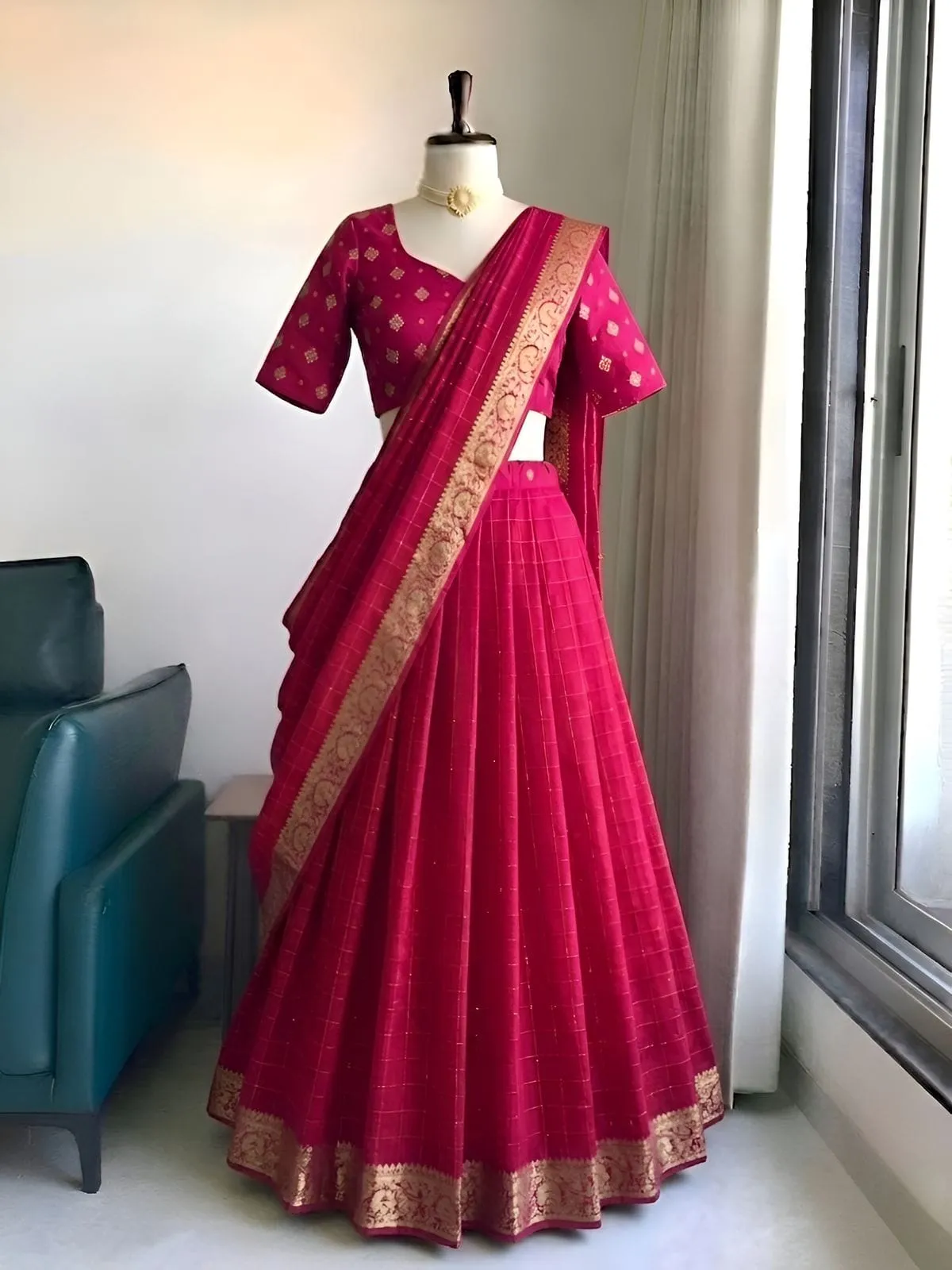 Fully Stitched Viscose Georgette Lehenga Choli with Zari Border Dupatta Set | Ready to Wear Festive Flared Ghagra - Image 2
