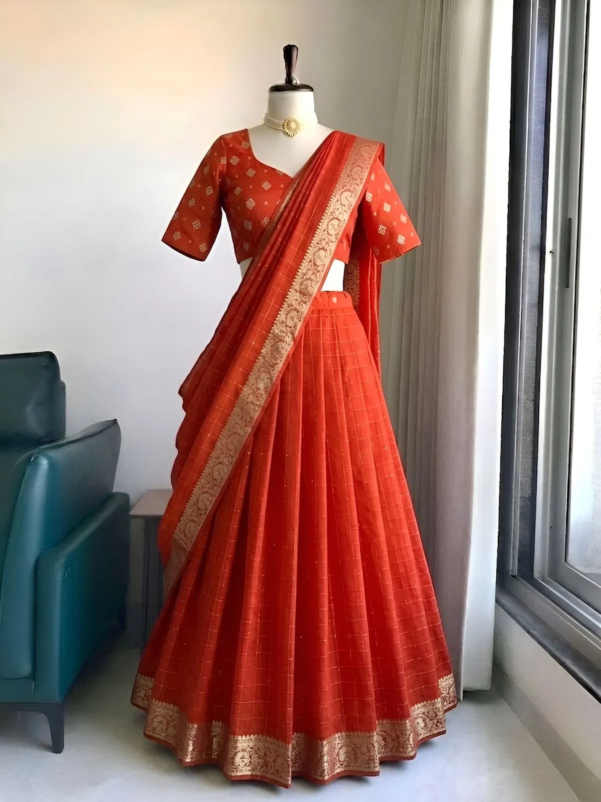 Fully Stitched Viscose Georgette Lehenga Choli with Zari Border Dupatta Set | Ready to Wear Festive Flared Ghagra - Image 4
