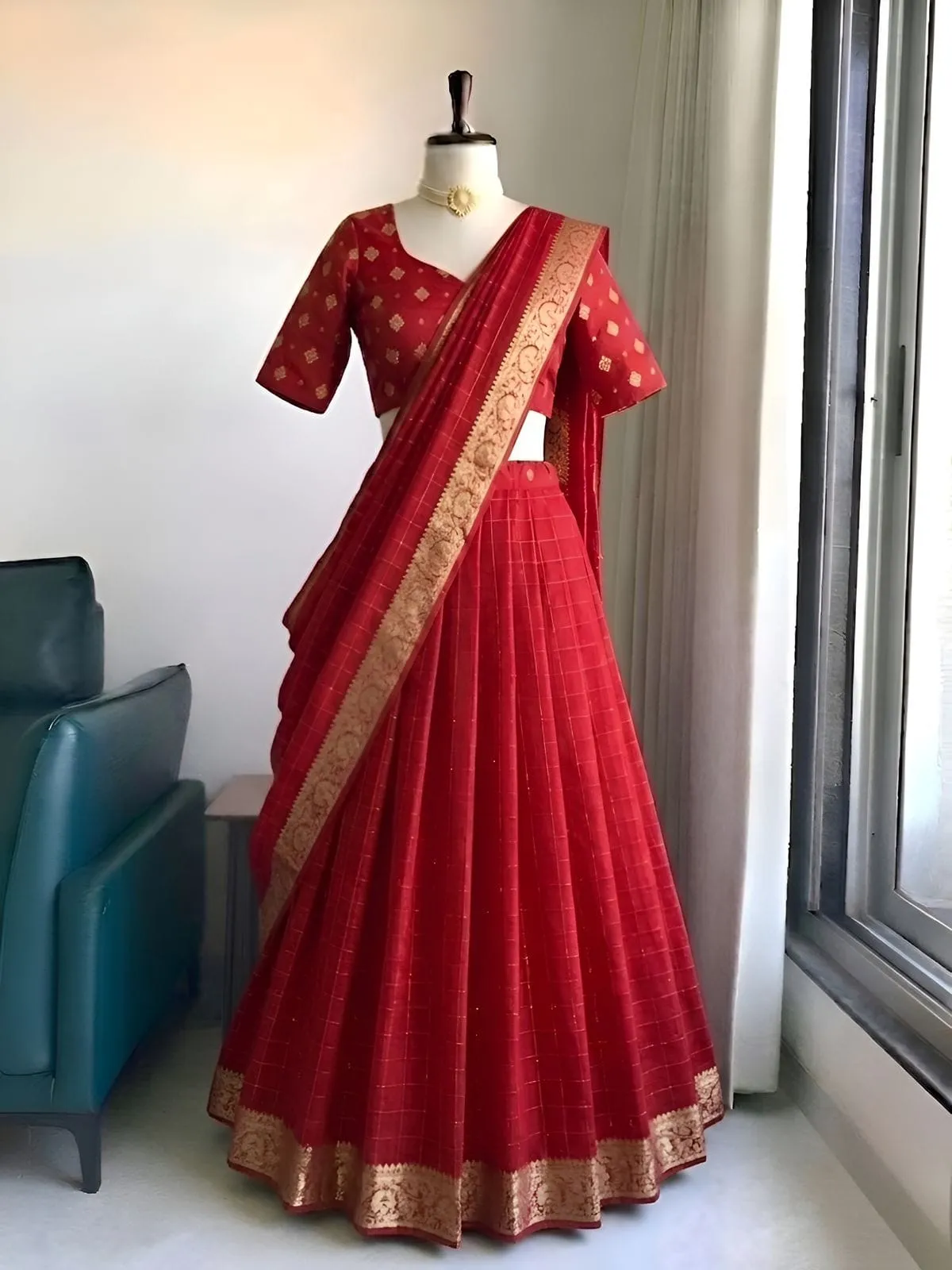 Fully Stitched Viscose Georgette Lehenga Choli with Zari Border Dupatta Set | Ready to Wear Festive Flared Ghagra - Image 5