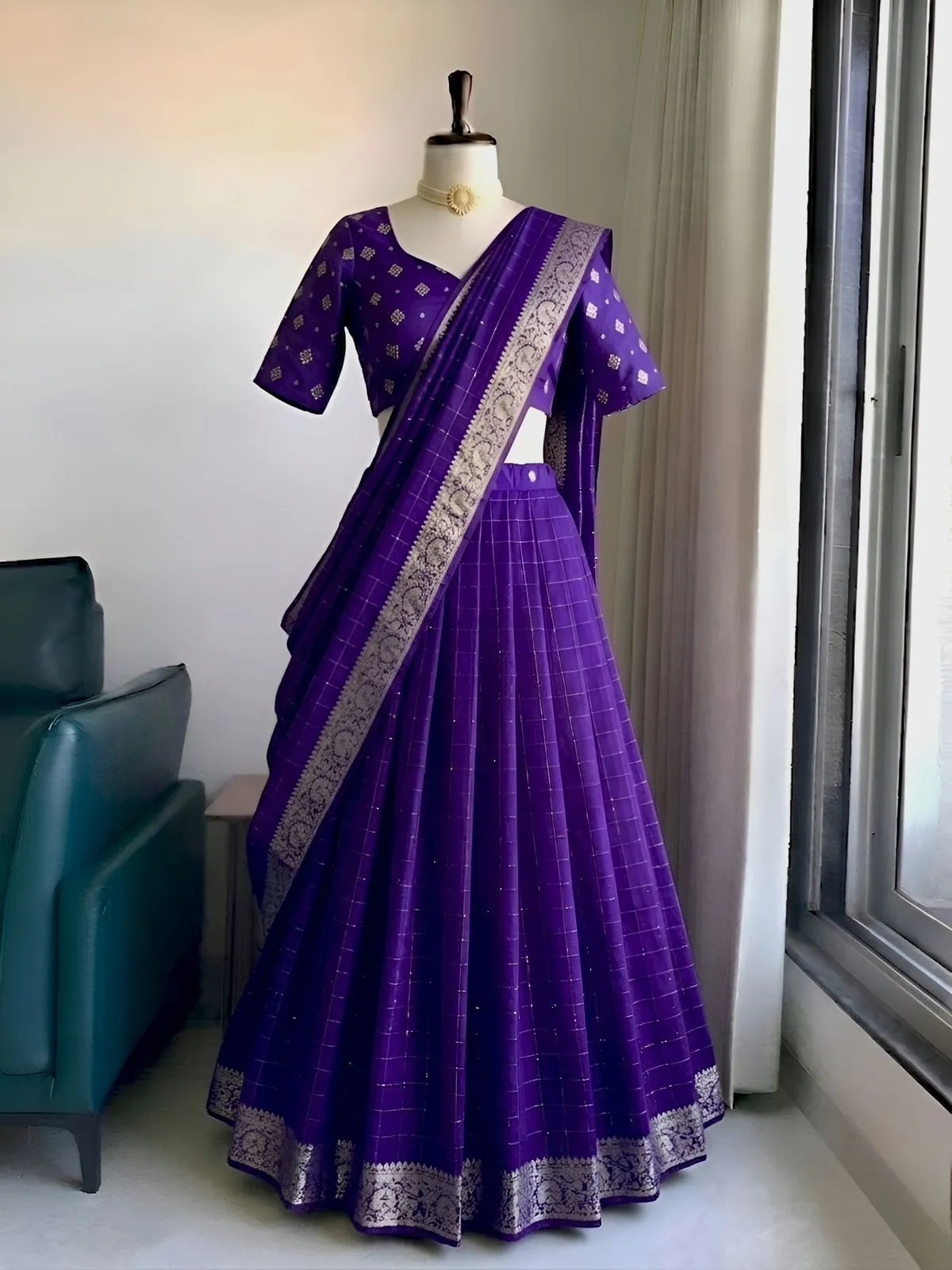Fully Stitched Viscose Georgette Lehenga Choli with Zari Border Dupatta Set | Ready to Wear Festive Flared Ghagra - Image 6