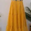 Hand-Embroidered Daisy Bodice Flared Tiered Maxi Dress in Cotton Mulmul