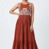 Hand Embroidered Yoke Cotton Pleated Anarkali Maxi Dress – Sleeveless Tiered Ethnic Gown for Women