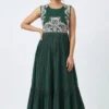 Hand Embroidered Yoke Cotton Pleated Anarkali Maxi Dress – Sleeveless Tiered Ethnic Gown for Women - Image 3