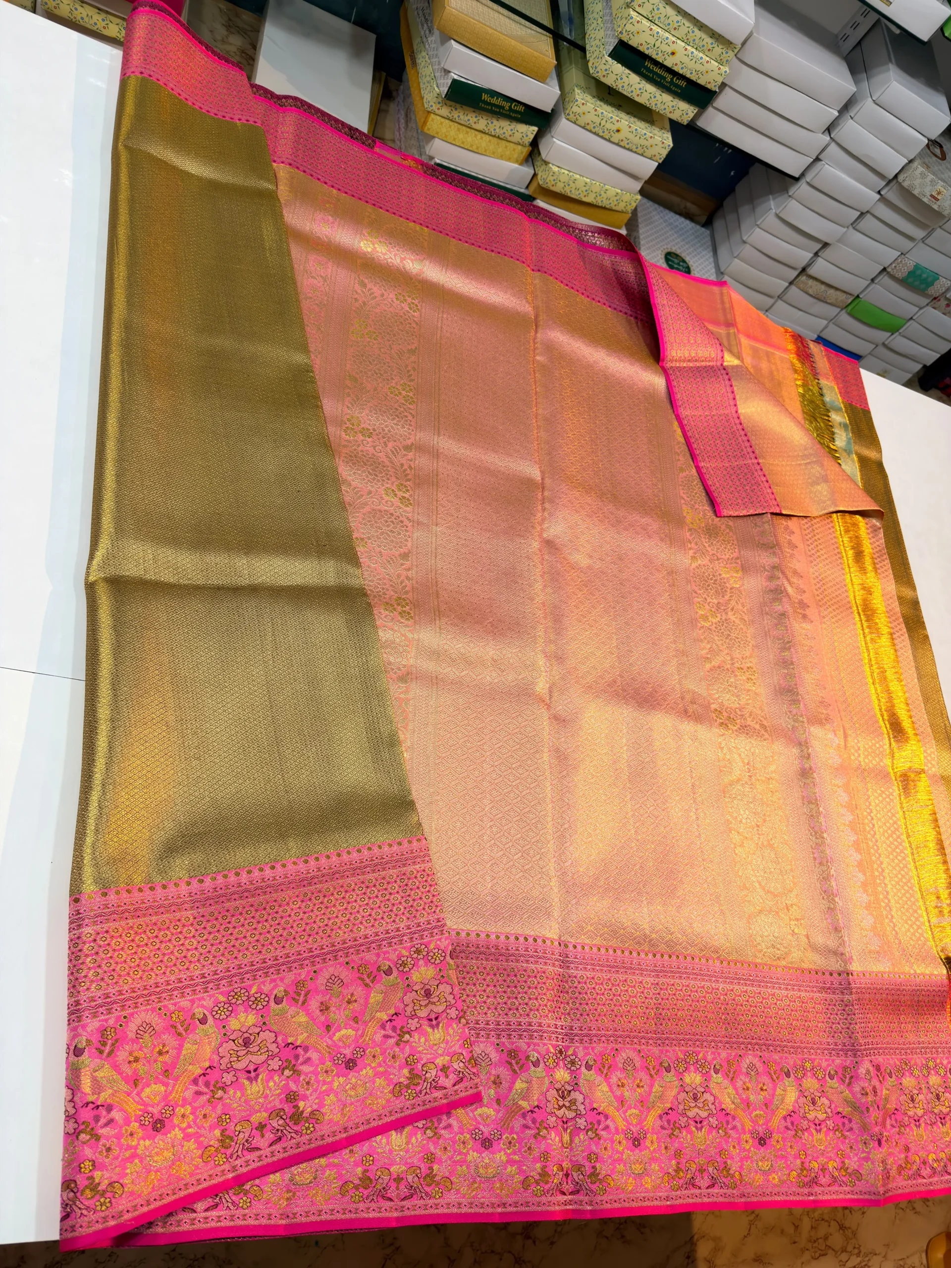 Handwoven Pure Tissue Silk Wedding Saree Featuring Traditional Tota/Parrot Meenakari Border with Certified Silk Mark - Image 2