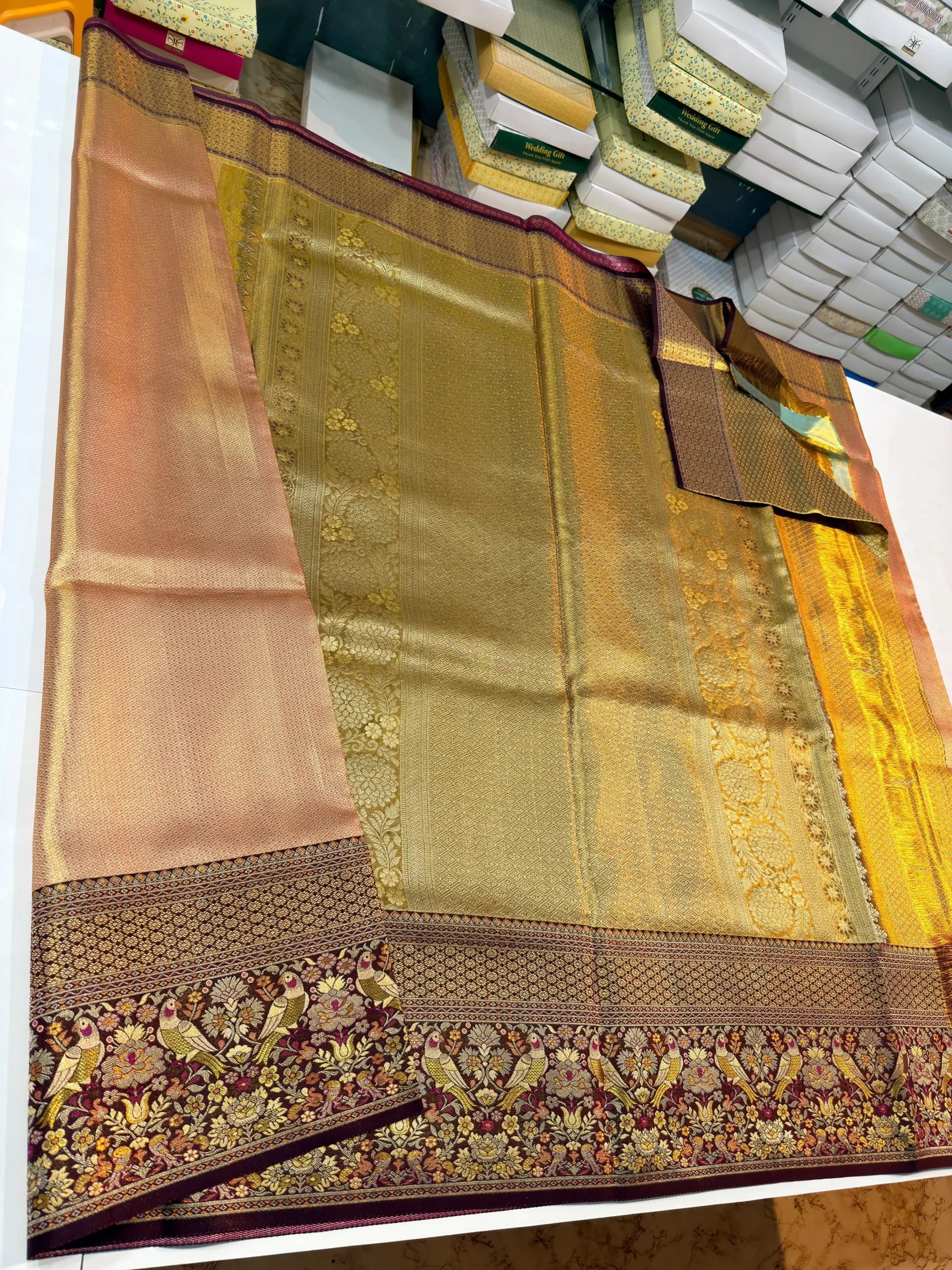 Handwoven Pure Tissue Silk Wedding Saree Featuring Traditional Tota/Parrot Meenakari Border with Certified Silk Mark - Image 4