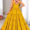 Heavy Rayon Gamthi Work Tiered Frill Gown | Sleeveless Criss-Cross Back Ethnic Maxi Dress with Lace Border - Image 2