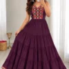 Heavy Rayon Gamthi Work Tiered Frill Gown | Sleeveless Criss-Cross Back Ethnic Maxi Dress with Lace Border - Image 3