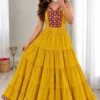 Heavy Rayon Gamthi Work Tiered Frill Gown | Sleeveless Criss-Cross Back Ethnic Maxi Dress with Lace Border - Image 4