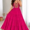Heavy Rayon Gamthi Work Tiered Frill Gown | Sleeveless Criss-Cross Back Ethnic Maxi Dress with Lace Border - Image 5