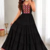 Heavy Rayon Gamthi Work Tiered Frill Gown | Sleeveless Criss-Cross Back Ethnic Maxi Dress with Lace Border - Image 6
