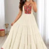Heavy Rayon Gamthi Work Tiered Frill Gown | Sleeveless Criss-Cross Back Ethnic Maxi Dress with Lace Border - Image 7