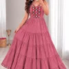 Heavy Rayon Gamthi Work Tiered Frill Gown | Sleeveless Criss-Cross Back Ethnic Maxi Dress with Lace Border - Image 8